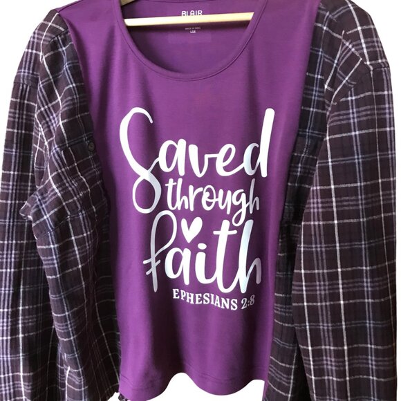 Flannel Tee Upcycle, Size L-XL: Oversized Graphic T-Shirt, Christian Faith Shirt - Picture 10 of 10